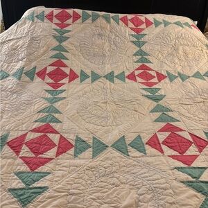 Antique Hand Sewn  Pink and Green Geometric Quilt